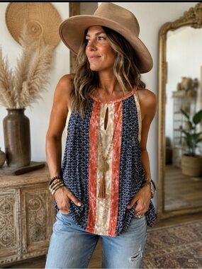 Sleeveless Velvet-Trim Striped Top - Navy, Rust & Cream